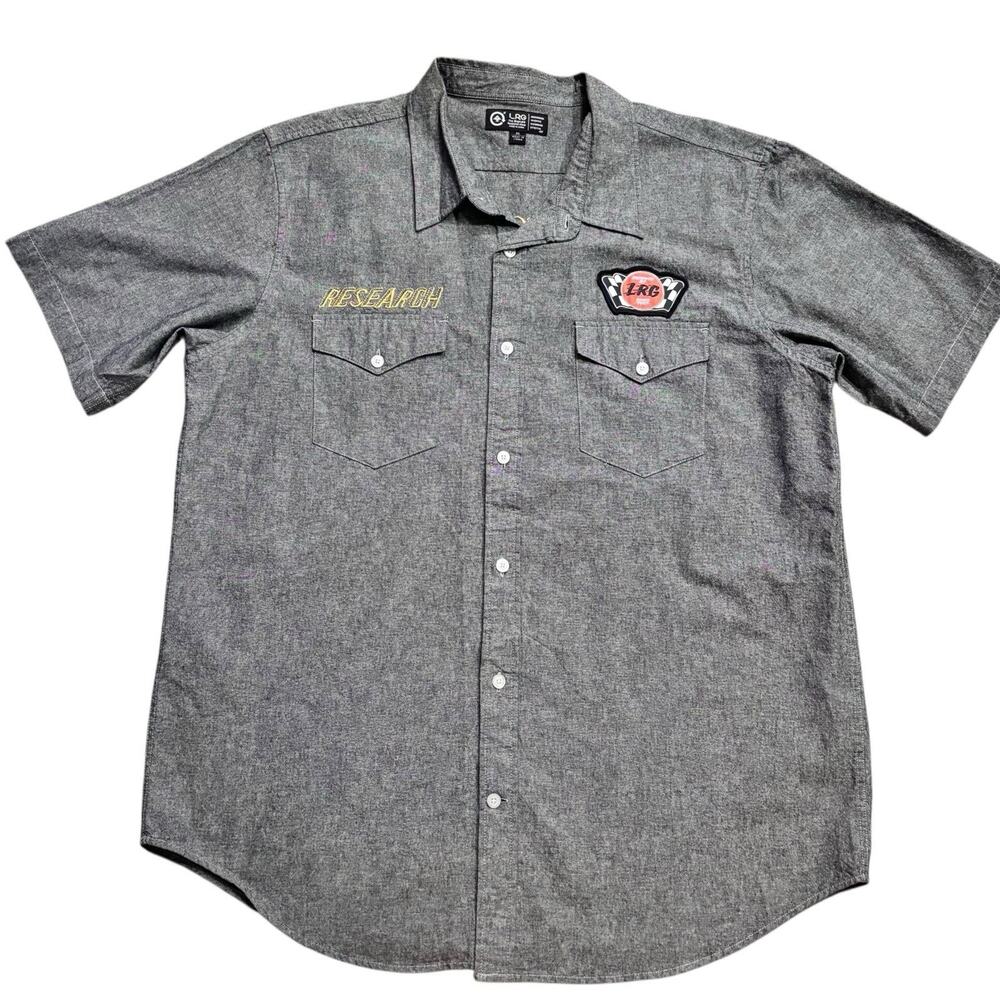 LRG Y2K Deadstock Gray Button Down Shirt Patches Large Back Hit Mens XL